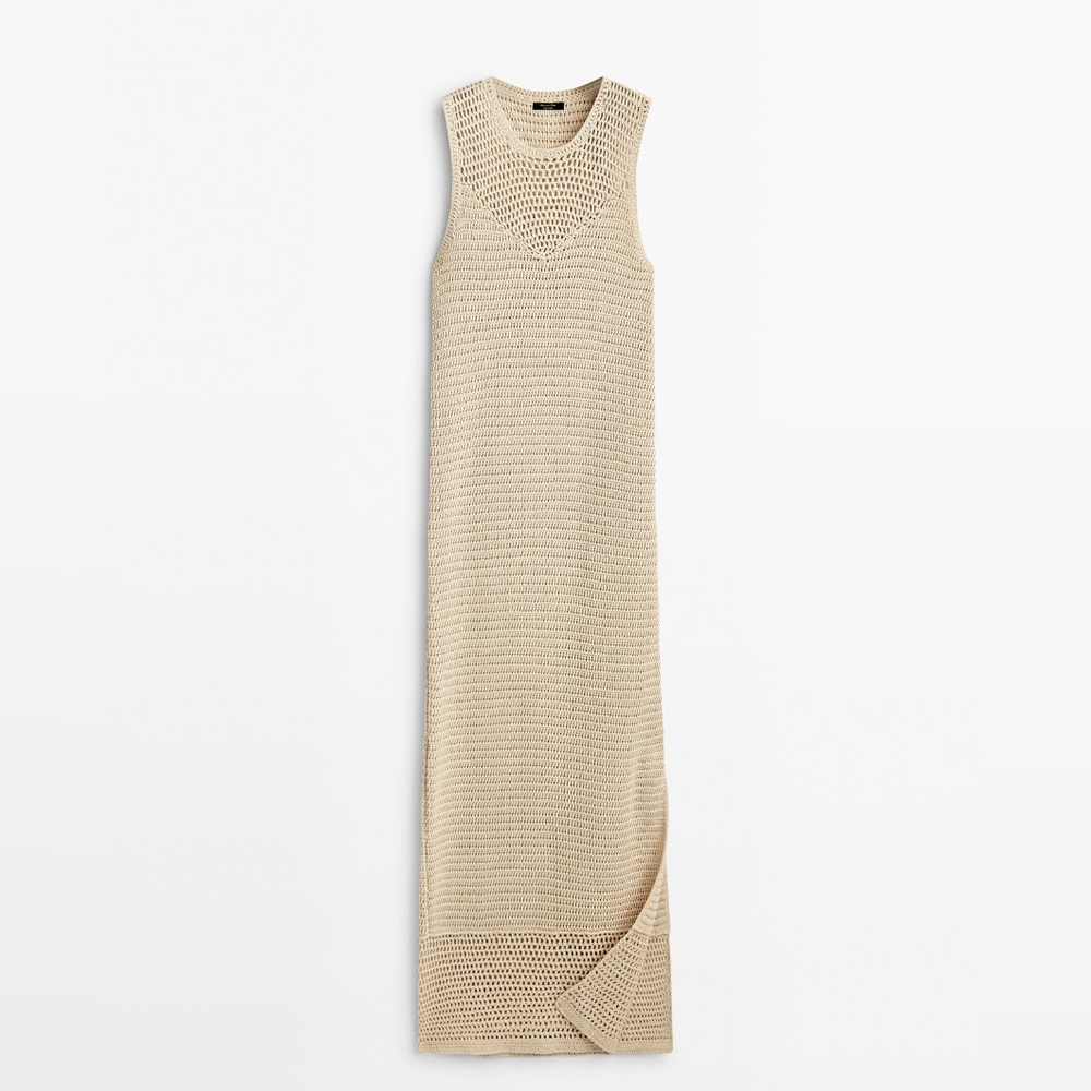 MASSIMO DUTTI Long Crochet Knit Dress Beige Size XS NWOT